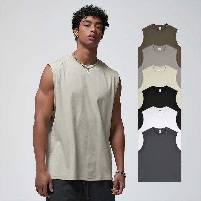 Men's Casual Breathable Quick Dry Anti-Pilling for Wash Printed Solid Tank Top Polyester Cotton Knit Summer Loose Design