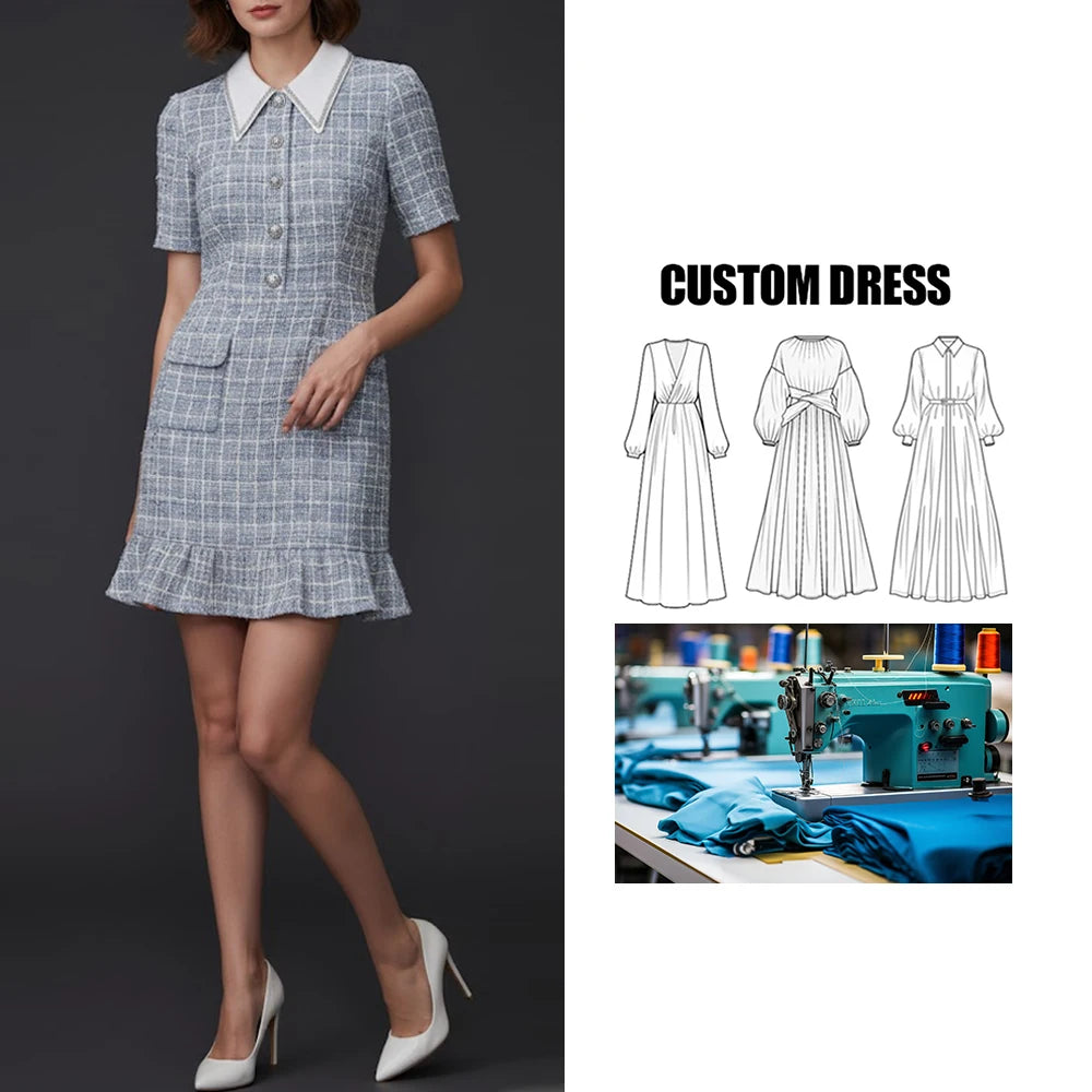 Customizable Vintage Women's Elegant Bodycon Dress Short Knitted Sleeves Mini Size Button Breathable Sweet Bow Mini Dress