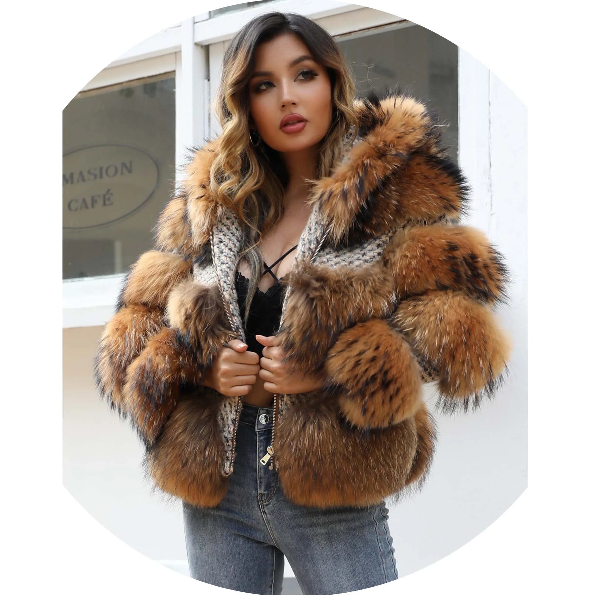 Custom Luxury Ladies Fur Coats Hooded Raccoon Fur Coat Winter Real Raccoon Fur Coat Women