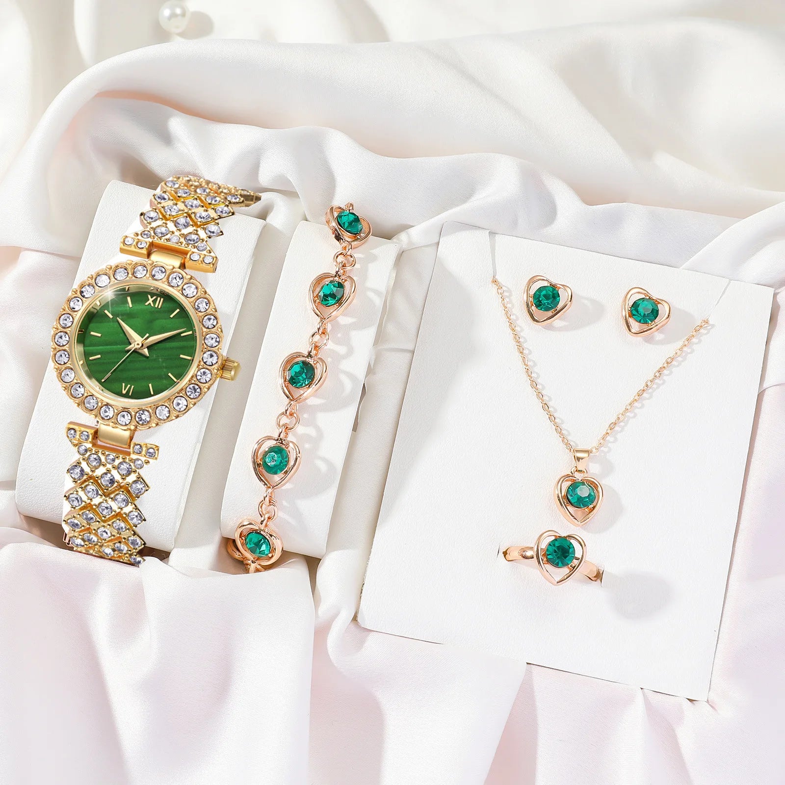 5pcs/set Women Fashion Quartz Watch Luxury Rhinestone Analog WristWatch Heart Necklace Earrings Bracelet Set Reloj (WT2296)