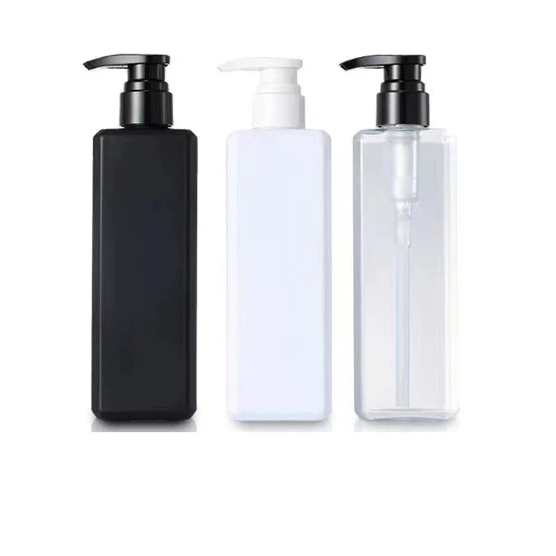 Wholesale 300ml 500ml PET Square Refillable Black Shampoo & Body Wash Bottle Pressure Pump Head Plastic Packaging for Lotion Use