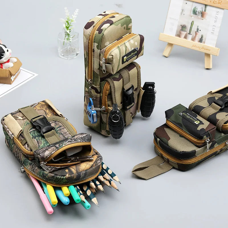 Large Creative Portable Camouflage Zipper Closure Geometric Stationery Pouch Boys' Wild Craft Polyester Cosmetic Bag for School