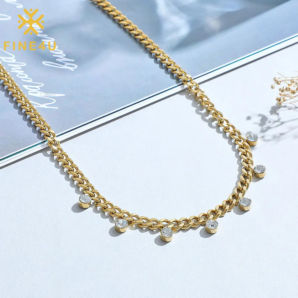 Hip Hop Punk Fashion Stainless Steel Women Zirconia Jewelry 18k Pvd Gold Plated Bead Chain Necklace