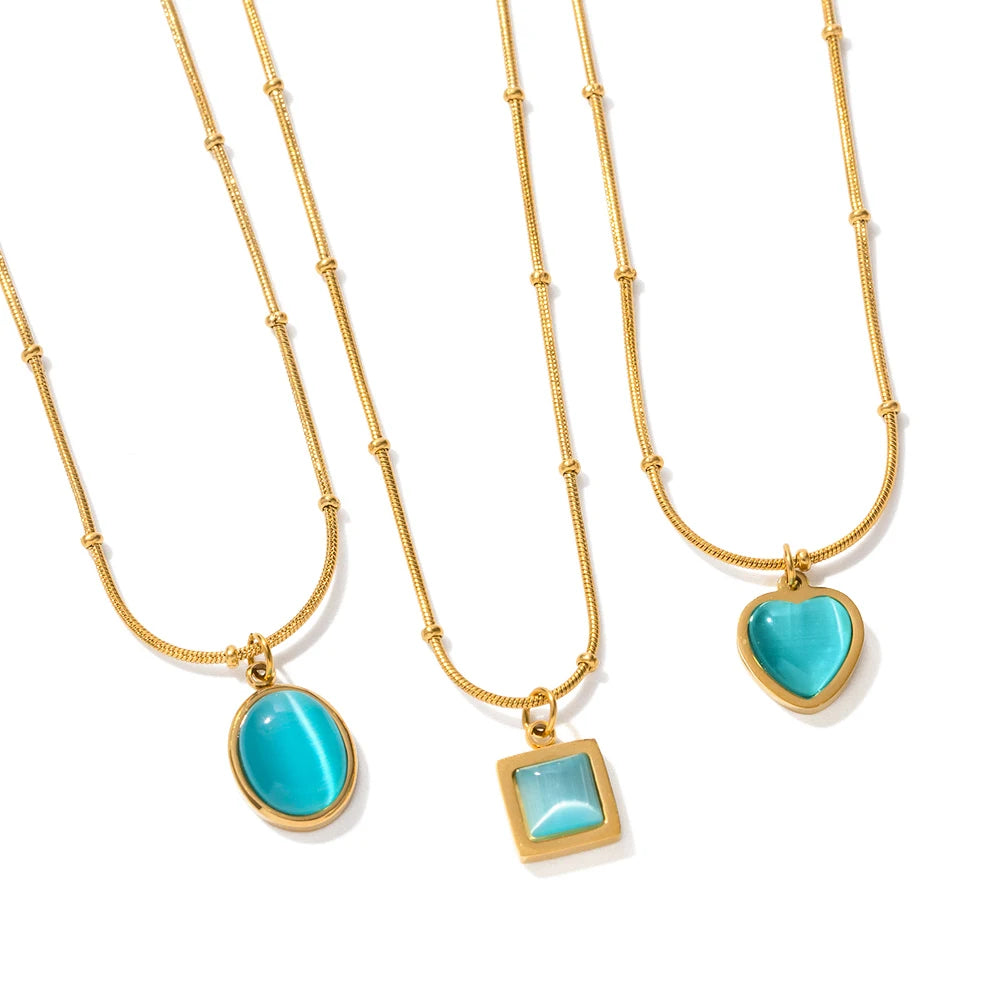 Charm 18K Gold Plated Stainless Steel Jewelry Gift Blue Cat Eye Natural Stone Oval Pendant Necklace Set