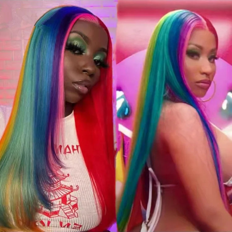 Wholesale Rainbow Blue Red Highlight Color Bone Straight Burmese Cuticle Aligned Human Hair HD Full Lace Wigs