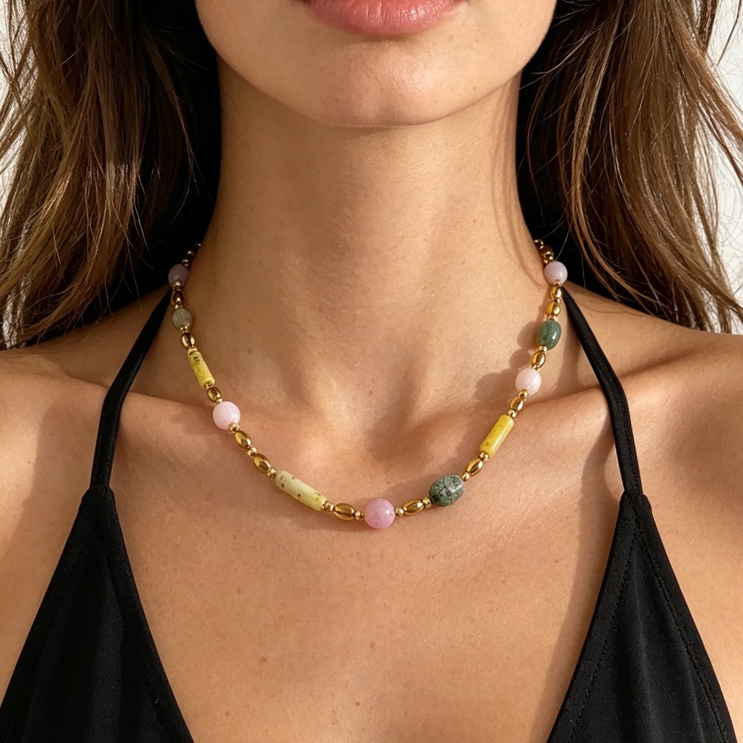 Handmade Dainty Vintage Multicolor Beaded Waterproof Clasp Natural Stone Necklace Women and Girls Jewelry