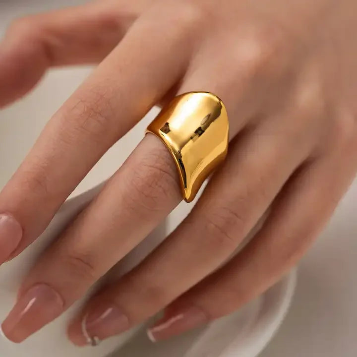 Stylish INS 18k PVD Gold Plated Stainless Steel Geometric Twisted Wide Band Waterproof Chunky Rings Jewelry