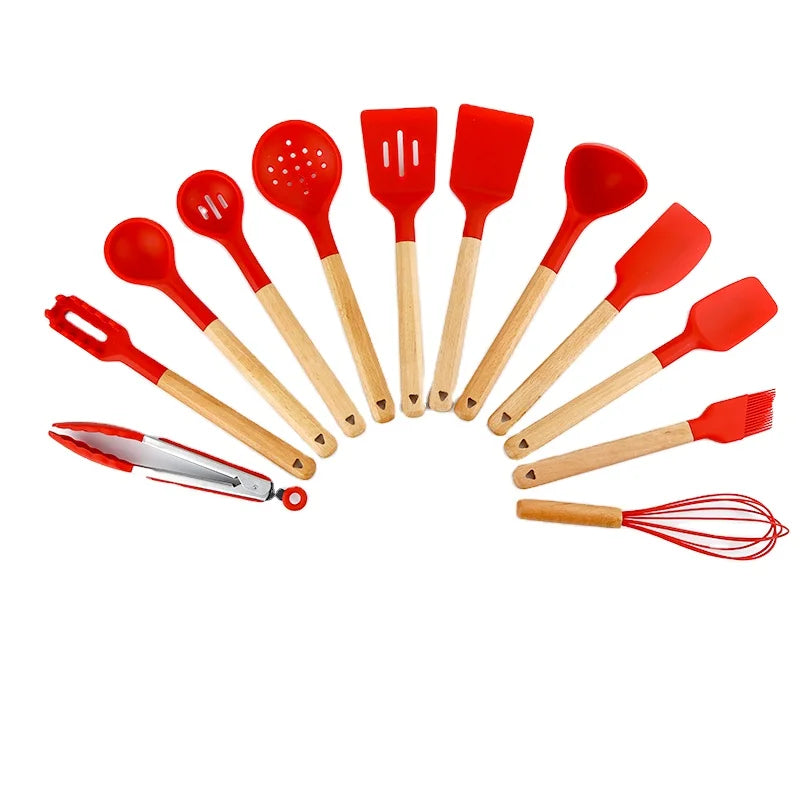 Kitchen Set Silicone Utensils Set of 13 Pieces Silicone Cookware for Cooking and Baking Set with Wood Handle