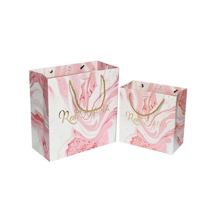 Pink Marble logo Gold Stamping Luxury Boutique Gift Paper Bag with Handle