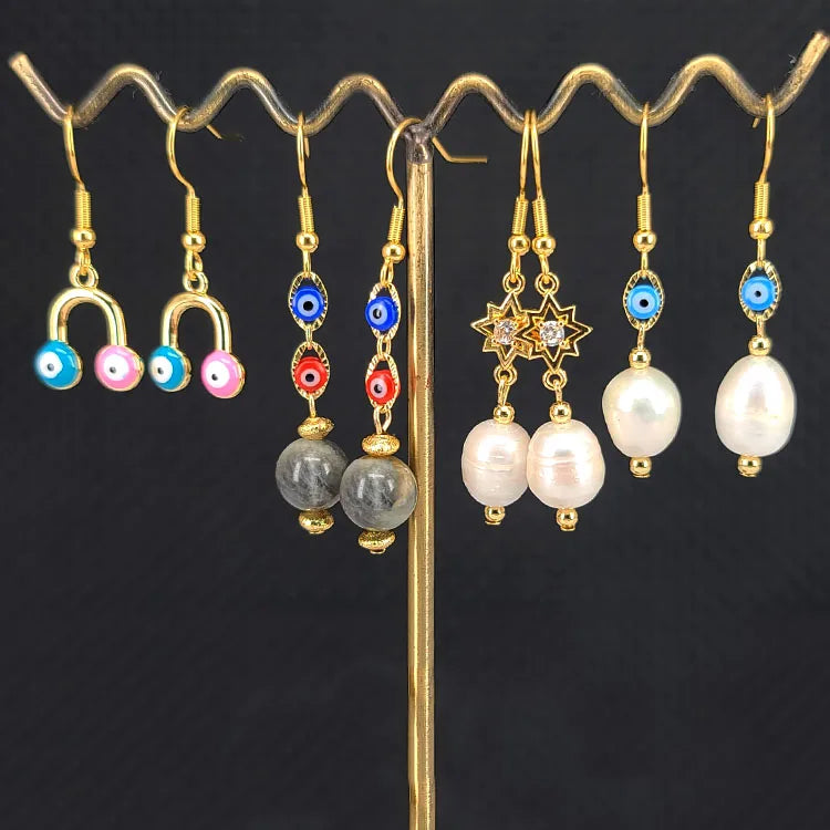 EP1026 Trendy Unique Design Stainless Steel Earwire Evil Eyes & Gemstone CZ and Real Freshwater Pearl Dangling Drop Earring