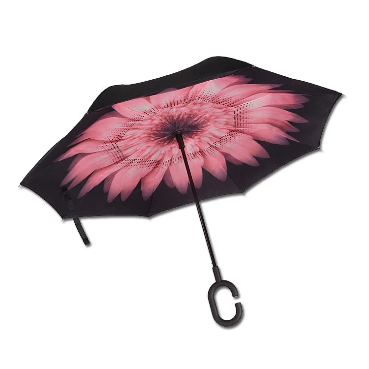 Compact Reverse Auto Umbrella Wind-Proof Travel Size with Manual Control Double Layer C-Handle Straight Style Customizable Logo