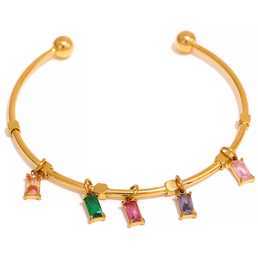 JINYOU 378 Waterproof Luxury Colorful Cubic Zirconia CZ Pendant Stainless Steel Open Bracelet Bangle 18k Plated Fashion Jewelry