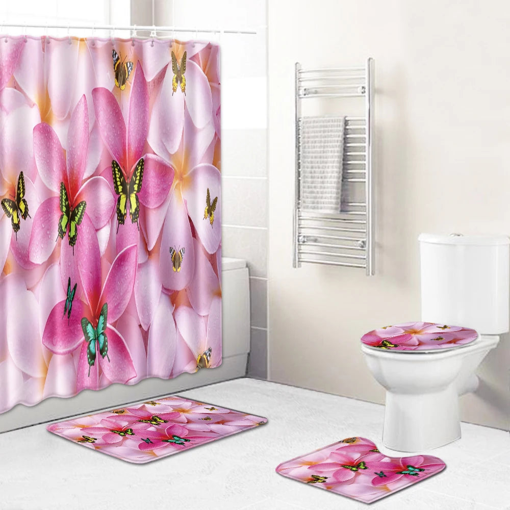 3D Printed Polyester Leopard Bathroom Set Four-Piece Modern Luxury Eco-Friendly Natural Scenery Bath Rug Toilet Shower Curtain