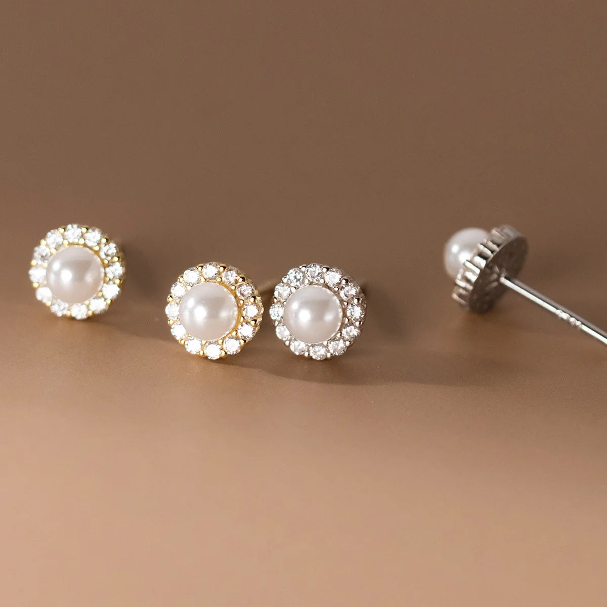 Fashion Jewelry 925 Sterling Silver Earrings Round Pearl Diamond Zircon Gold Plated Stud Earrings for Women