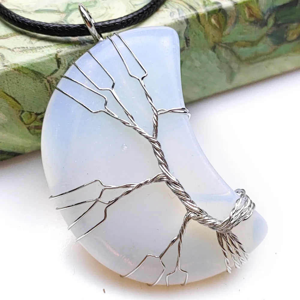 Hongzhuo New New arrival opalite quartz stone tree of life handmade wire wrap moon shape crystal pendant necklaces Jewelry