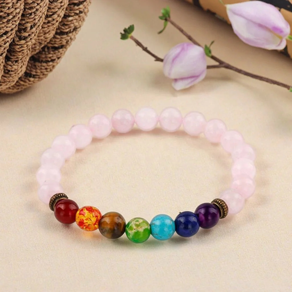 Fashion Design Healing Balancing Rose Quartz 7 Chakra Stone Round Yoga Beads Bracelet