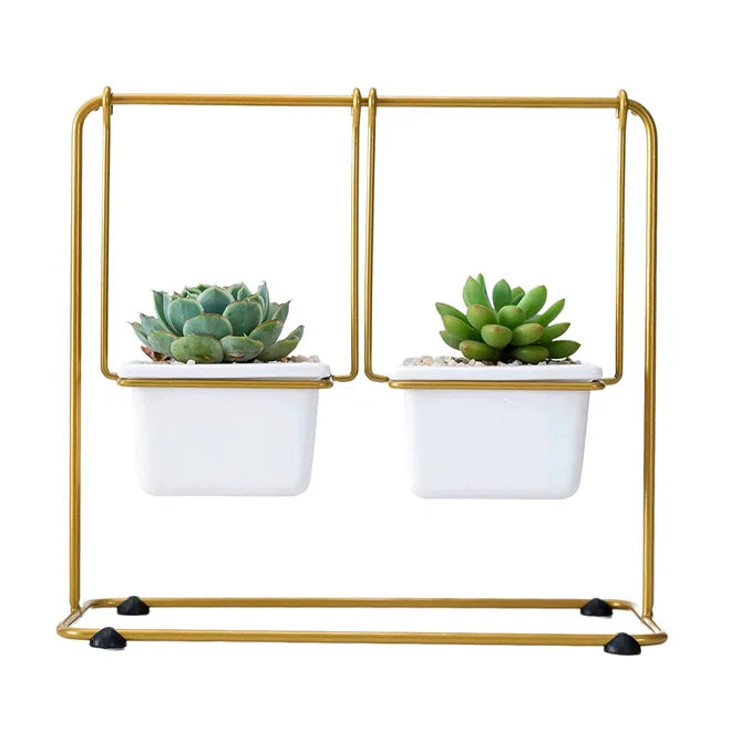 Wholesale Succulent Pots White Ceramic Flower Planter With Metal Swing Stand Succulent and Cactus Planters Set