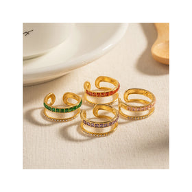 ERESI Geometric 18K Gold Plated Layered CZ Stone Ring Jewelry Stainless Steel Green Double Layer Clear Cubic Zirconia Open Ring