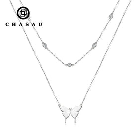 Bezel D Color Moissanite Pendant Choker 925 Sterling Silver Moissanite Butterfly Pendant Necklace Double Layer for Women