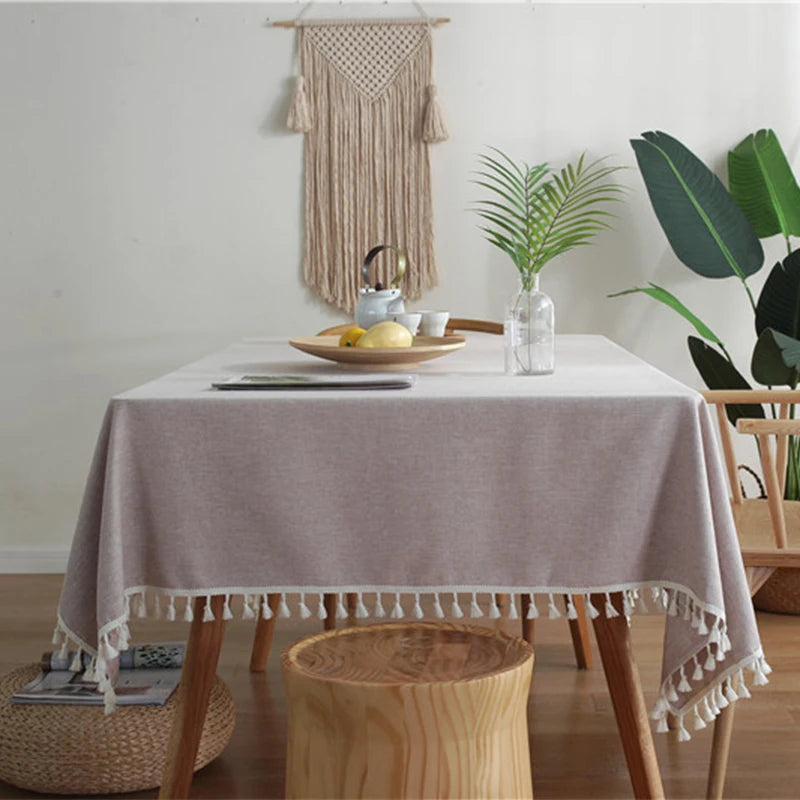 Wholesale Gray Cotton Linen Tablecloth With Tassels Durable Banquet Dining Tables Cover Rectangle Wedding Table Cloths for Event