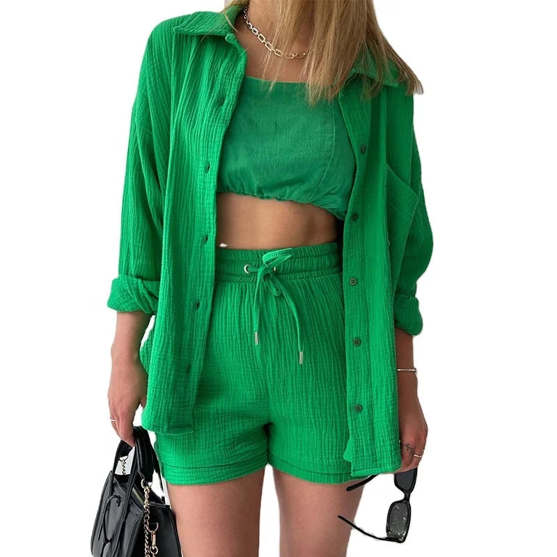 Women Spring Wrinkle Polo Turn-down Collar Long Sleeve Shirt Skinny Breathable Polyester Knee High Waist Drawstring Shorts Large