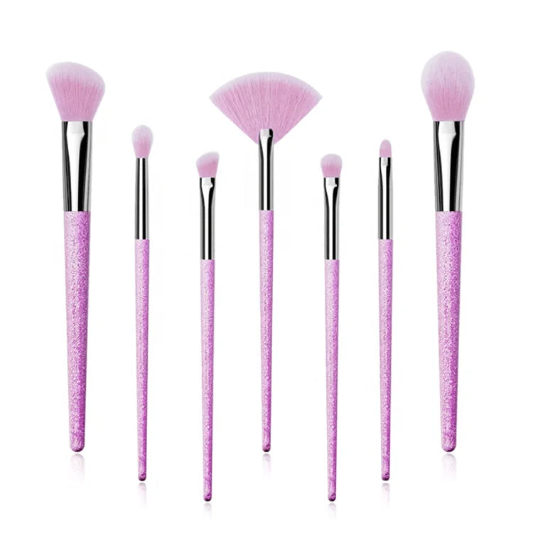 Custom Logo Foundation Concealer Eye Shadow Liner Blending Brush Makeup Brush Set Diamond Bling Handle Pink 7pcs Synthetic Hair