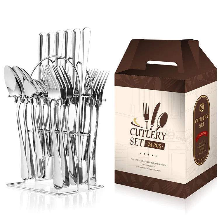 24-Piece Gift Package Silverware Set With ShelfUtensils Set Includes Knives/Spoon/ForkIdeal for Home Wedding Festival Party