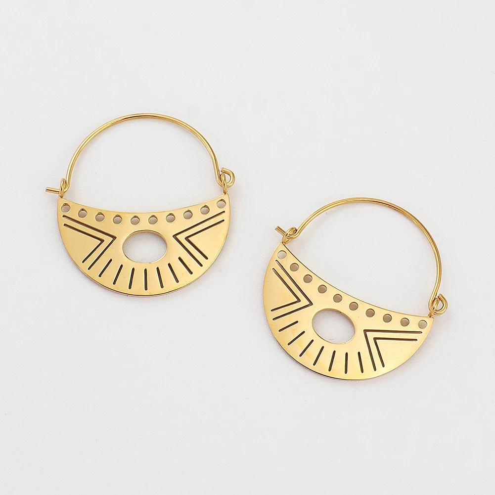Classic Women's Stainless Steel Hoop Earrings Waterproof Gold Plated Ethic Totem Pattern Geometric Jewelry