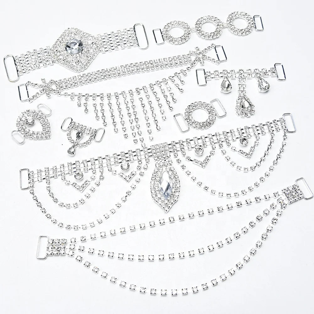 Crystal Rhinestone Tassel Connector Chain Silver Plated Metal Circle Buckle for Bikini Swimsuit Dress Shoulder Strap Accessories