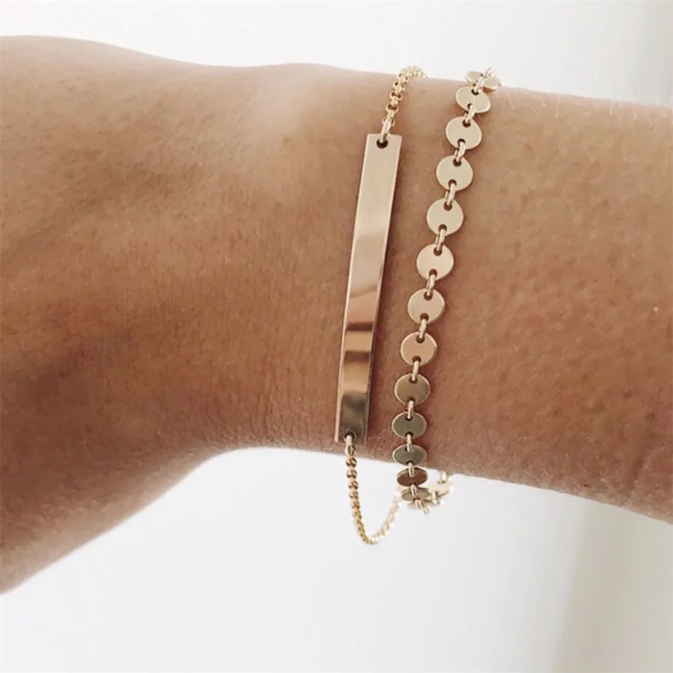 EManco Personalized Bar Bracelet Set Gold Plated Chain Set Round Disc Chain Bracelets Stainless Steel Stacking Jewelry for Women
