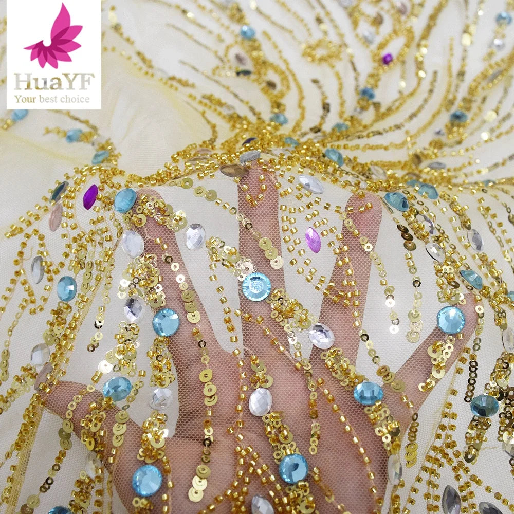HY2544 Luxury Gold Beads Lace Tulle Fabrics With Shiny Colorful Crystal for European Style Dress