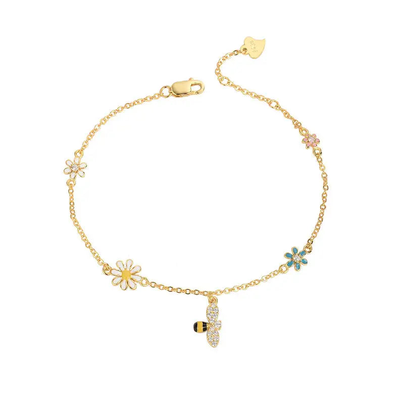 New Wholesale Women's S925 Silver Gold Plated Charm Bracelets with Daisy Bee Flower Design for Summer