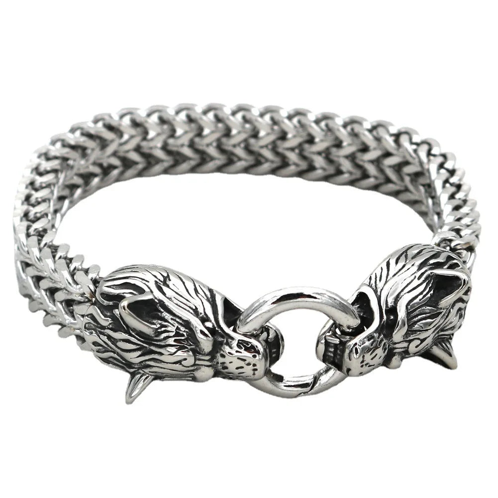 Duyizhao Stainless Steel Men's Bracelet Titanium Steel Hip Hop Bracelet Nordic Domineering Wolf Head Viking Chain