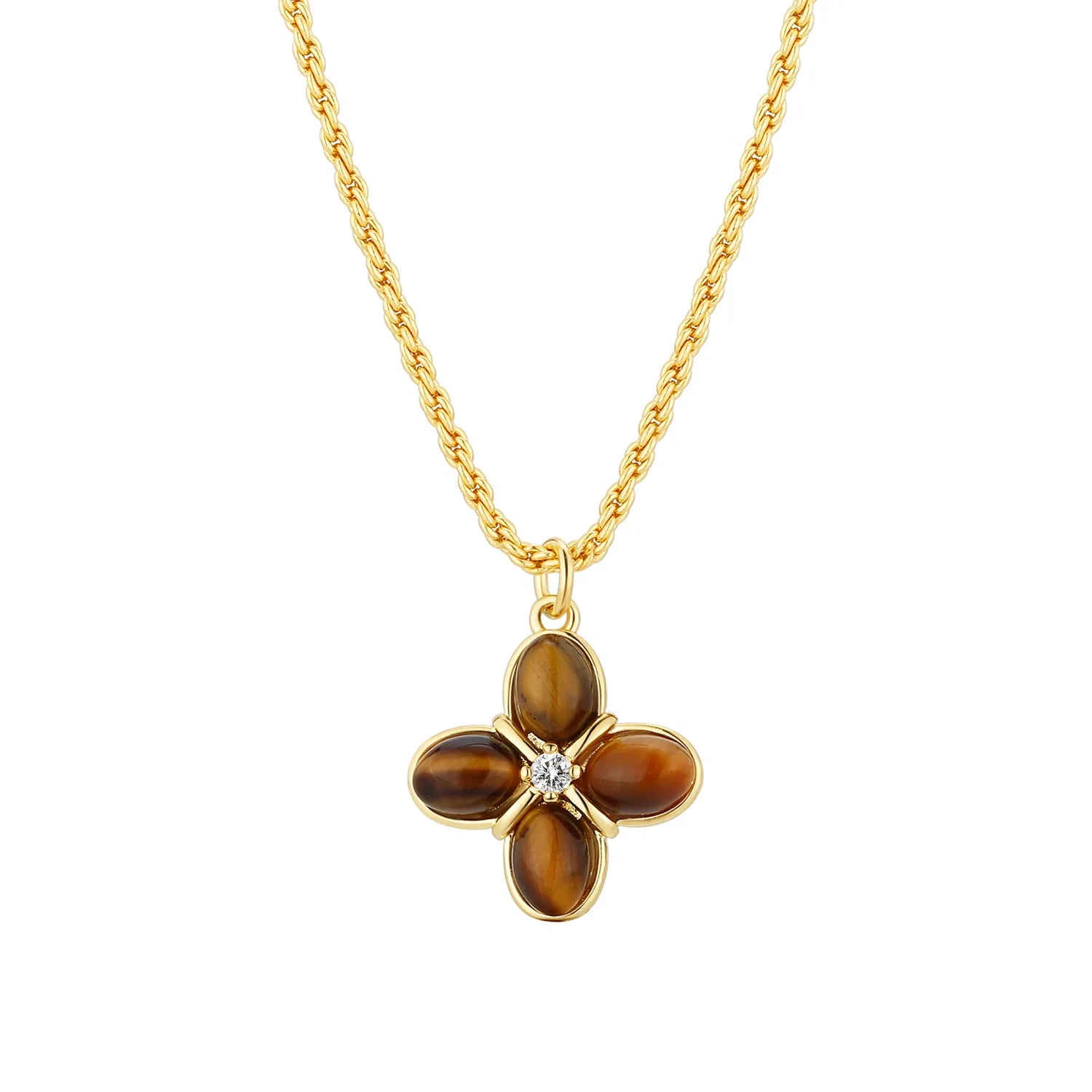 Luxury 18K Gold Plated Stainless Steel Four Leaf Tiger's Eye Stone Necklace Classic Fashion Link Chain Waterproof for Party