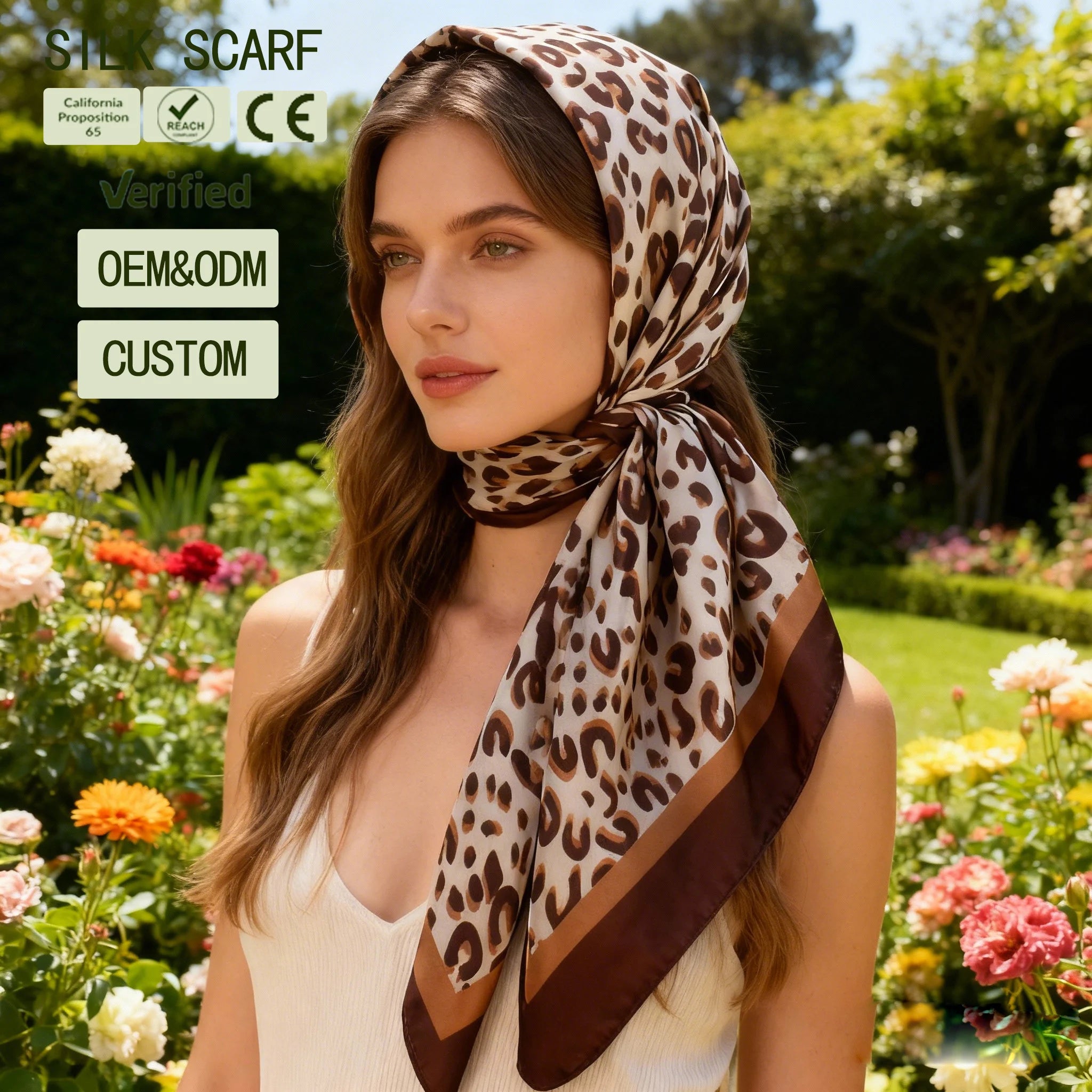 Custom Designed Women's Fashion Polyester Scarf 90*90 Silk Satin Shawl with Screen Printing Leopard Print Large Square Scarfs