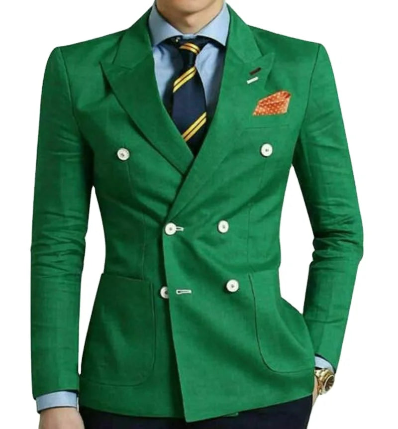 Green Double Breasted Peaked Lapel Groom Tuxedos Man Business Suits Prom Party Coat Trousers Sets (Jacket+Pants)