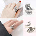 Vintage Retro Silver Animal Peacock Koi Fish Waves Adjustable Open Finger Ring Jewelry Gift
