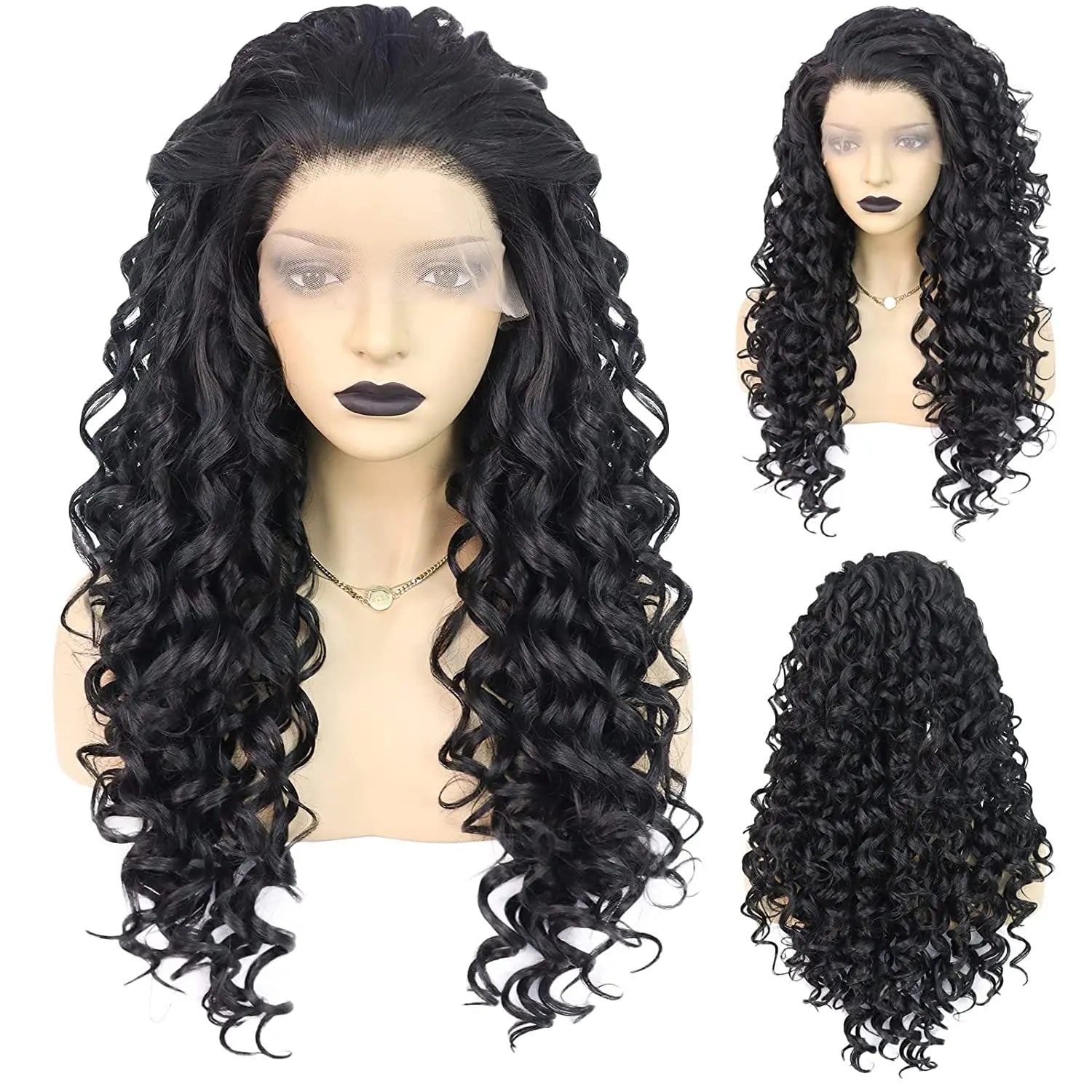 Ebingoo 16/18/20/22/24/26in Black Lace Front Wig for Women Girls Wig Cap Long Black Curly Lace Front  Soft Heat Resistant Fiber