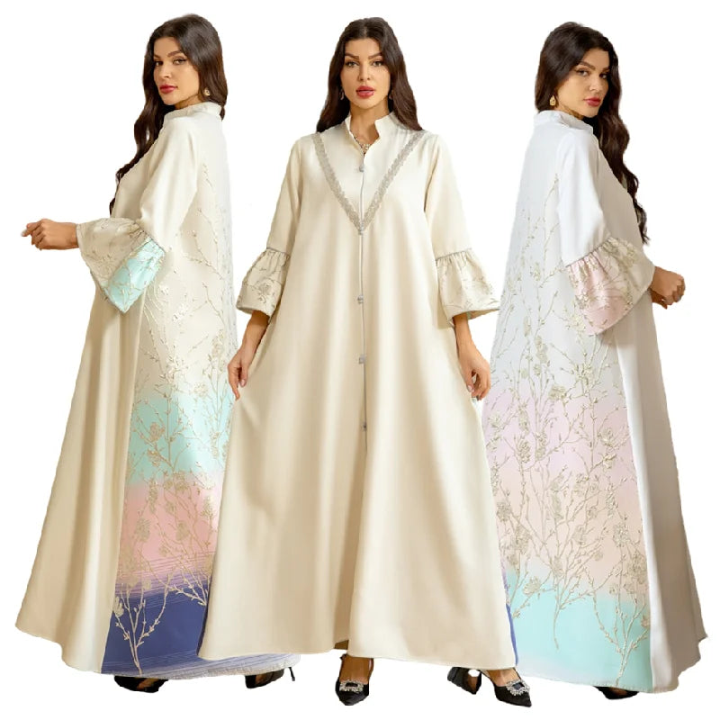 AB393 Traditional Muslim Clothing Arab Dubai Jacquard Gradient Color Ladies Robe Femme Muslim Dresses Jalabiya for Women
