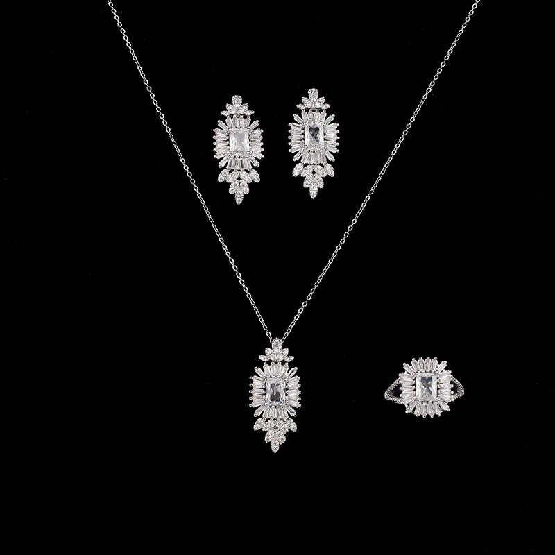 Echsio Chic 3 Pcs Stud Earrings Adjustable Ring Jewelry Sets Plating Pave Cubic Zirconia CZ Geometric Necklace Set CN2949