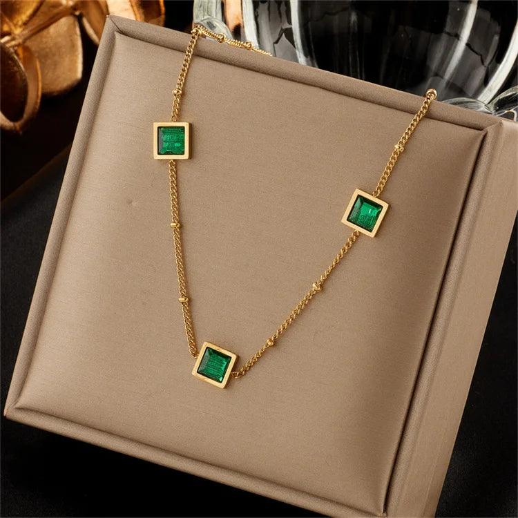Wholesale Mom Waterproof Fashion Simple Stainless Steel Retro Luxury Square Green Emerald Chain Necklace