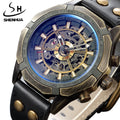 SHENHUA Blue Transparent Automatic Mechanical Watch Antique Bronze Steampunk Dial Black Leather Wristwatches Men Clock