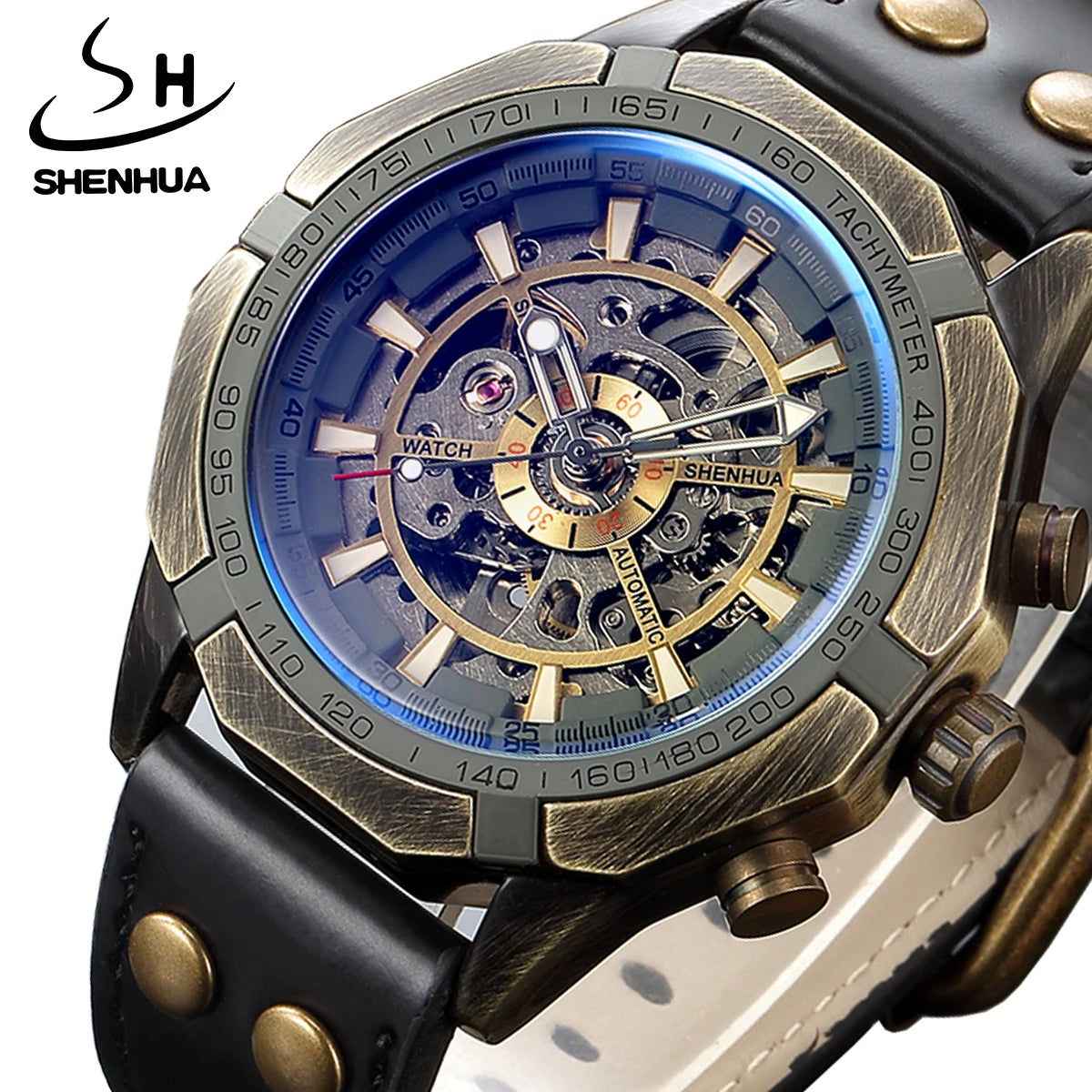 SHENHUA Blue Transparent Automatic Mechanical Watch Antique Bronze Steampunk Dial Black Leather Wristwatches Men Clock