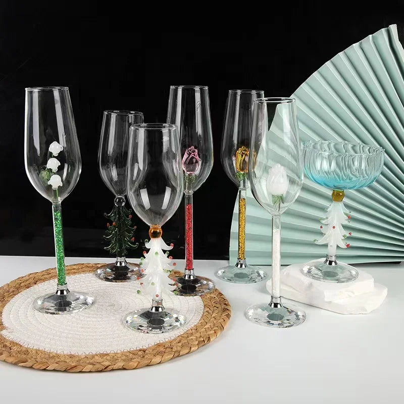 Wholesale Creative Gold Rose Red Wine Glasses Goblet 3D Flower champagne Flute with Red Green Stem for Valentine's Day Gift