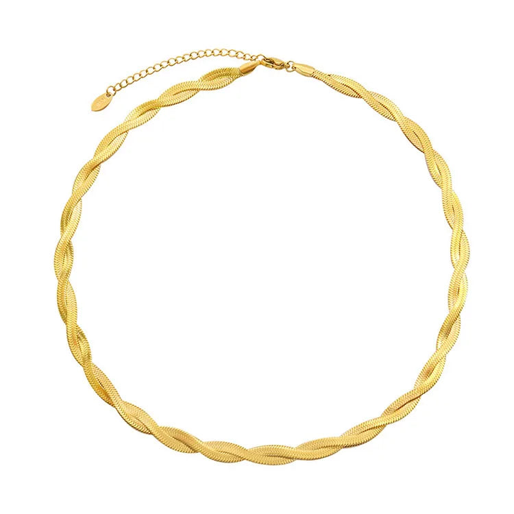 G695 Titanium Steel Jewelry 18K Gold Plated Twisted Double Layer Herringbone Chain Bracelet Snake Choker Necklace