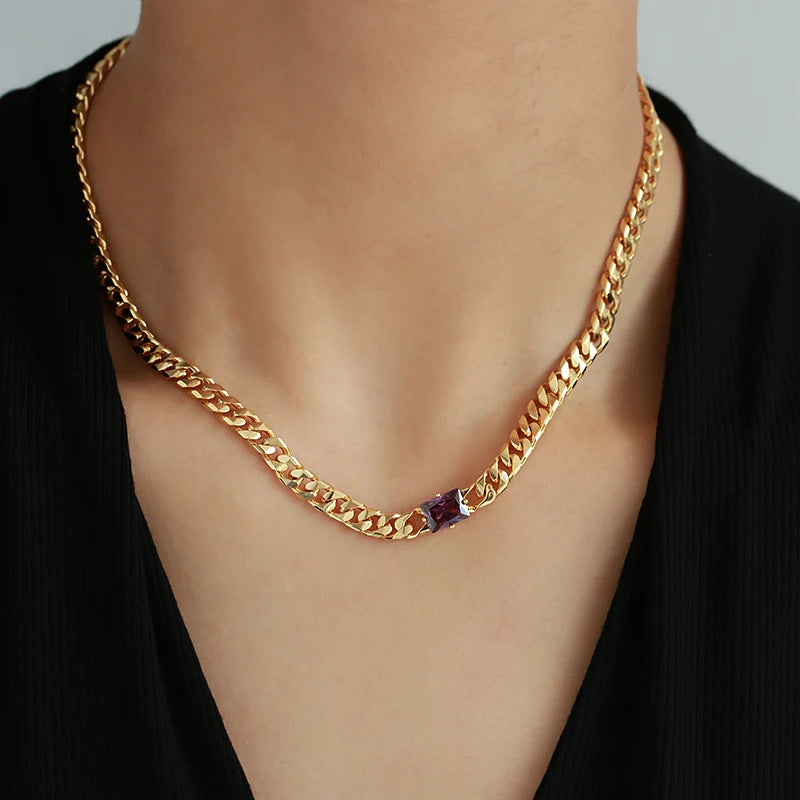 New Design Iced Out Hollow Classical 18k Gold Plated Colorful Zircon Necklace Women Cuban Link Chain Necklace