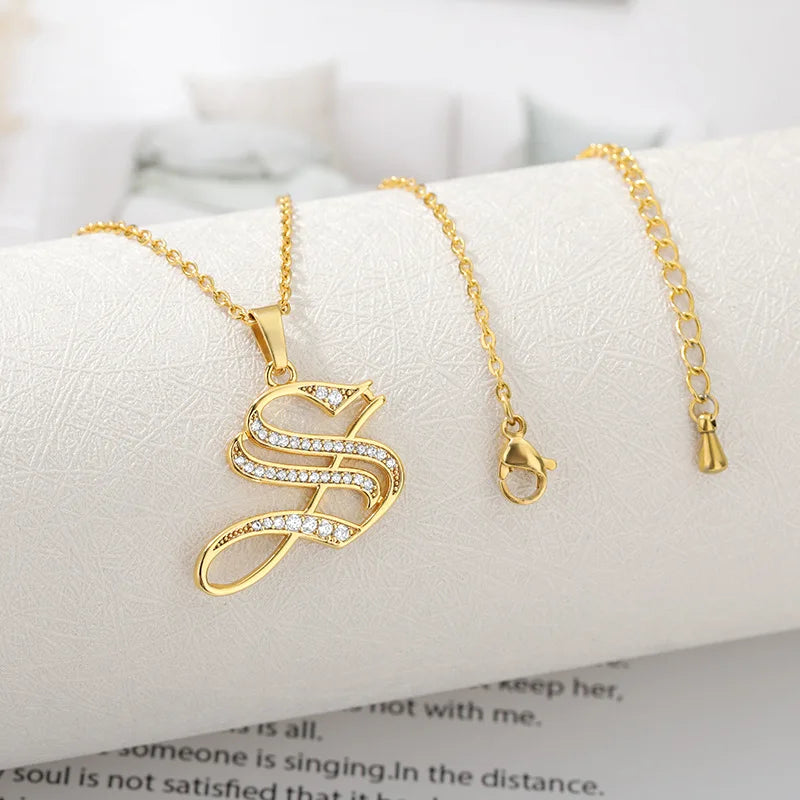 2021 Fashion Wholesale Gold Plated Zircon Alphabet Initial Charm Necklace Stainless Steel 26 Old English Letters Necklace
