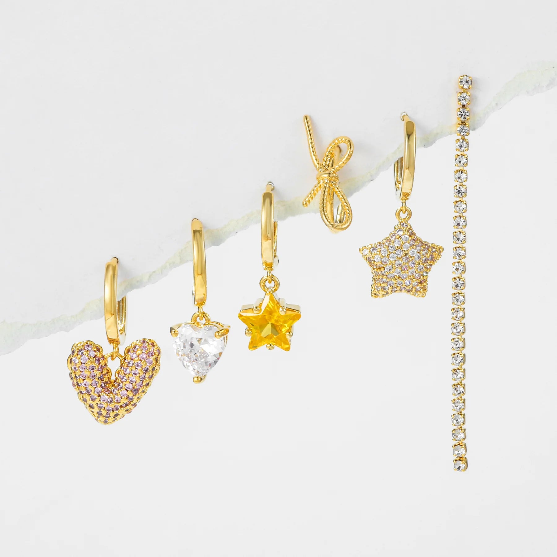 Fashion Jewelry Zircon Love Earrings 18K Gold Plated Brass Earrings Five-Pointed Fringe Six-Piece Set Earrings for Women