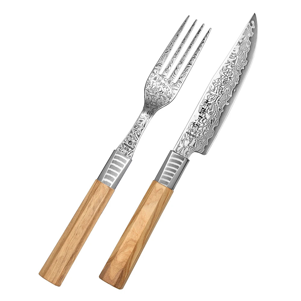 New Custom Damascus Steel Steak Knife Fork Set with Natural Olive Wood Handle Utensils