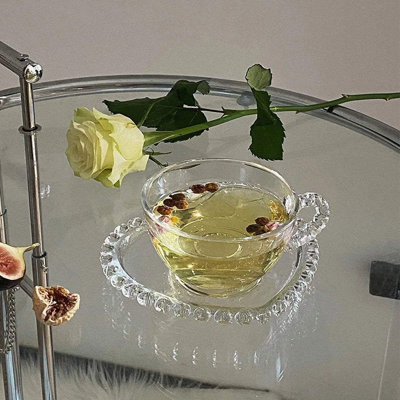 Solhui French Romantic Beaded Edge Heart Shape Glass Coffee Cup Saucer Set Milk Flower Tea Cup